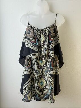 100% Silk Boho Mini Dress Gorgeous Geometric Print with Spaghetti Straps Size 6